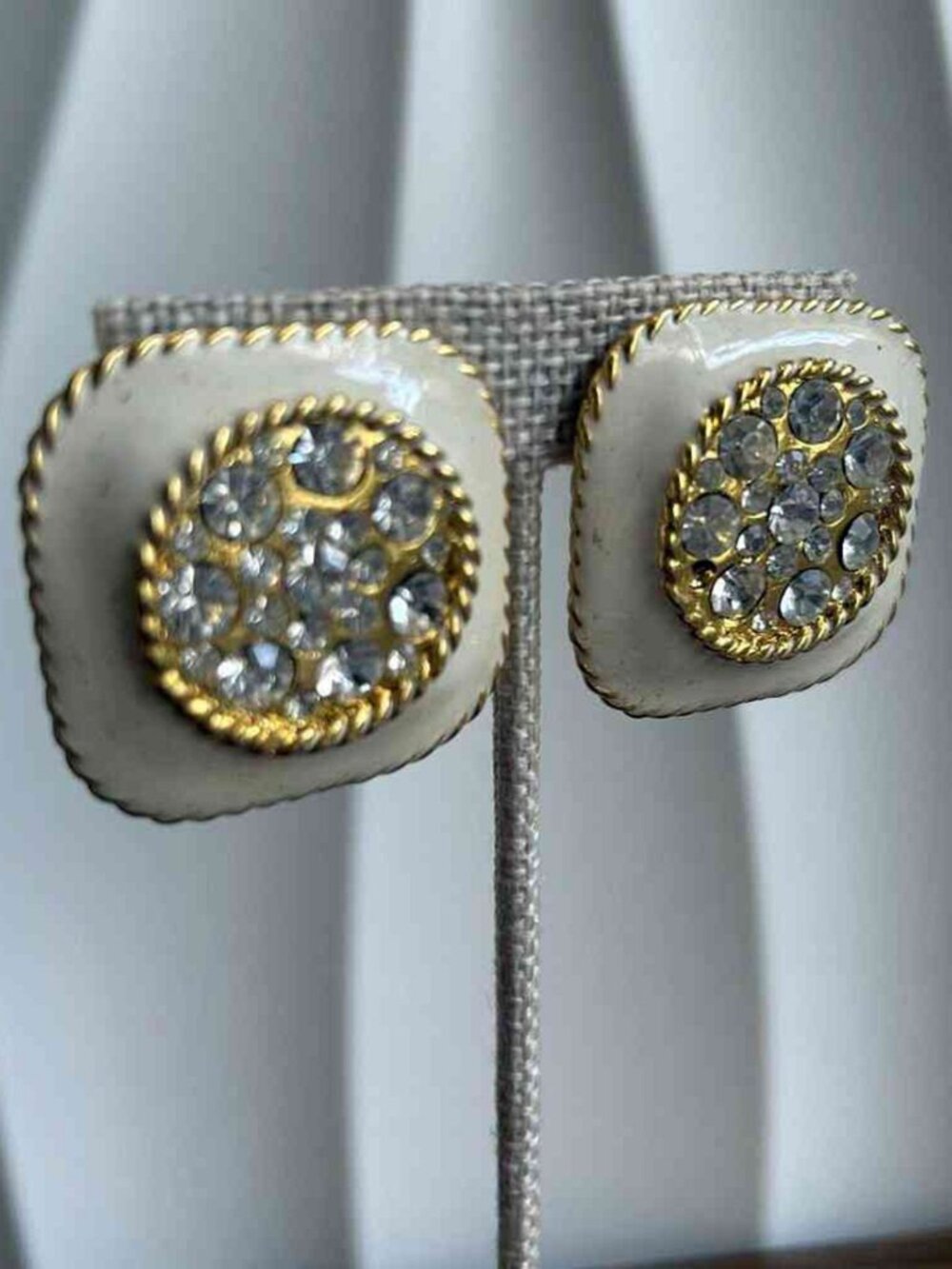 Vintage White Enamel Rhinestone Square Clip On Earrings Gold Tone